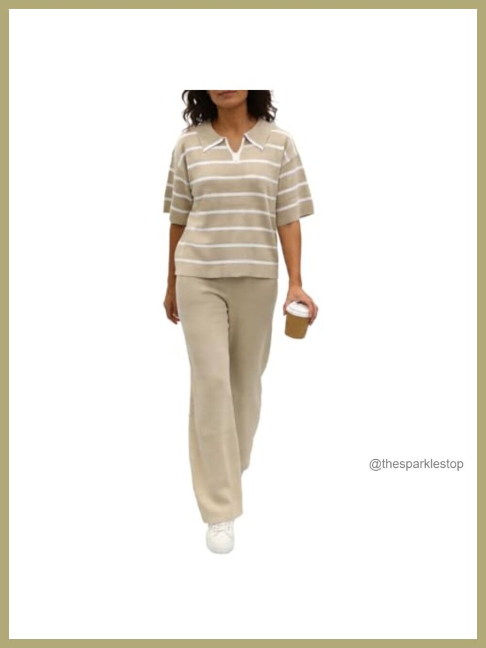 2 Piece Knit Set Short Sleeve Polo Top Wide Leg Pants Loungewear